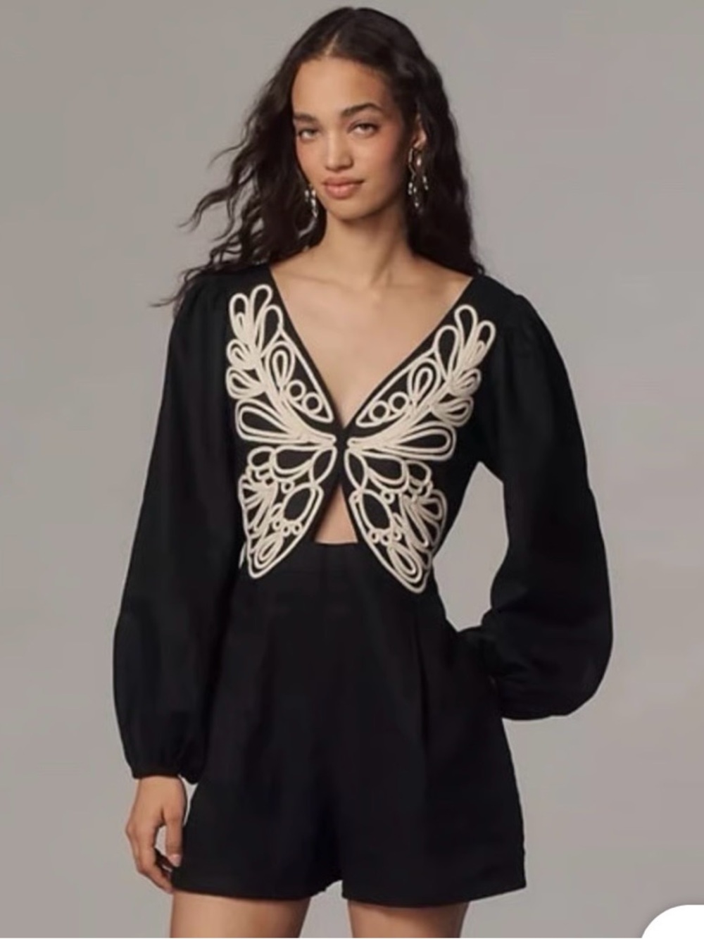 NWT - FARM Rio x Anthropolgie - Black Long-Sleeve Top with Cream Butterfly Motif